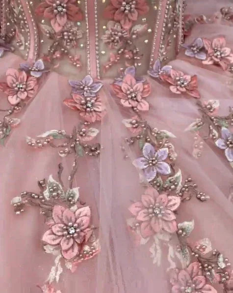 Pink Tulle Floral Appliques Ball Gown Sweet 16 Dress Y527