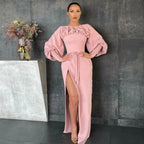 Vestido de fiesta largo de satén rosa con escote barco, mangas largas, abertura alta, puños con botones, corte recto, vestido formal para eventos Y4875