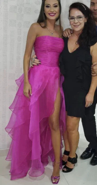 Vestido de noche largo sencillo sin tirantes color rosa intenso para baile de graduación Y7980