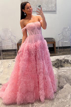 Roycebridal Kenia | Abito da sera in tulle a linea ad A con spalle scoperte e balze, con spacco