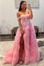 Roycebridal Kenia | Abito da sera in tulle a linea ad A con spalle scoperte e balze, con spacco