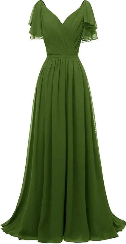 Brautjungfernkleid mit Rüschenärmeln, V-Ausschnitt, Chiffon, lang, formell, Hochzeits- und Abendkleid Y1315