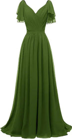 Brautjungfernkleid mit Rüschenärmeln, V-Ausschnitt, Chiffon, lang, formell, Hochzeits- und Abendkleid Y1315