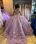 Vestido de Baile Elegante de Tule Brilhante com Aplicação de Alfazema, Ombros Descobertos, Flores 3D, Vestido de Princesa Doce para 15 Anos Y285