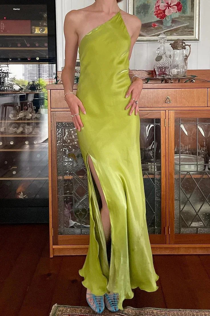 Vestido de Festa Longo Elegante Verde, Modelo Tubinho, Um Ombro, Com Fenda, Costas Descobertas, Vestido de Noite Y8550