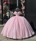 Vestido de Baile Rosa com Brilhos e Ombros Descobertos, Vestido Rosa para Festa de 16 Anos, Vestido de Princesa Rosa Y7002