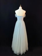 Vestido de fiesta azul elegante de tul con lentejuelas y cuentas en línea A modelo Y8646