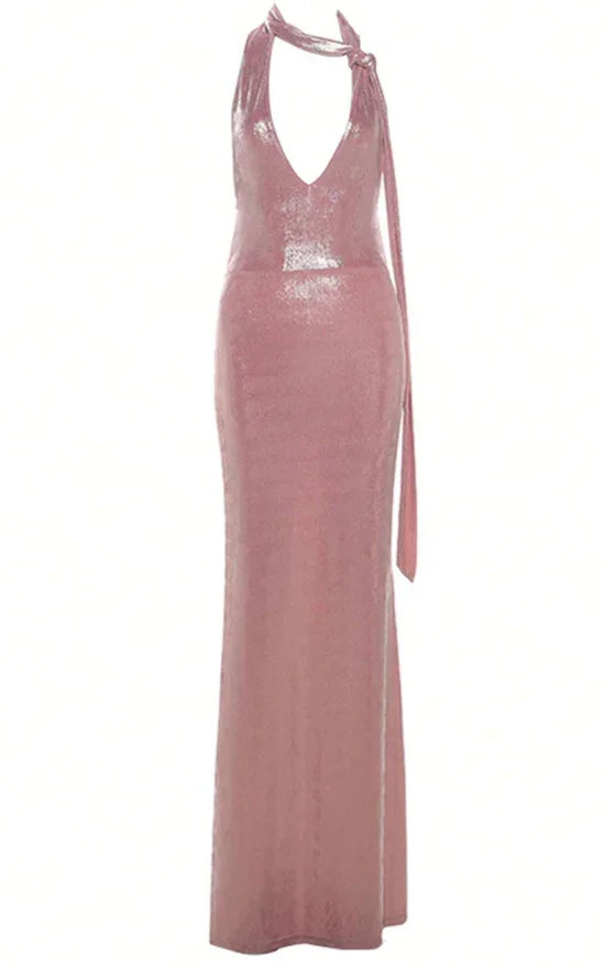 Vestido de Festa Sexy Rosa com Decote Halter e Costas Nuas, Vestido Formal de Baile Y8166