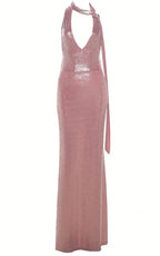 Vestido de Festa Sexy Rosa com Decote Halter e Costas Nuas, Vestido Formal de Baile Y8166