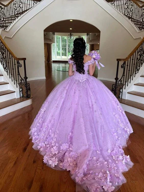 Vestido de Baile Luxuoso de Alfazema com Ombros Descobertos, Vestido Doce 16, Vestido de Princesa Y7182