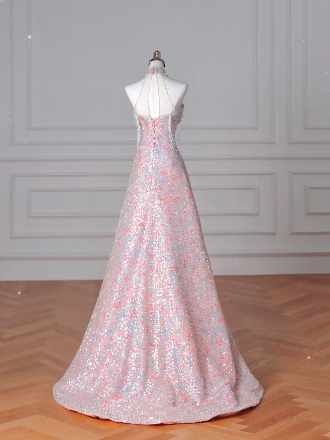 Vestido de Baile Deslumbrante Rosa com Lantejoulas e Contas em Corte A Vestido de Noite Y8637