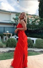 Vestido formal comprido com folho vermelho vestidos de noite elegantes Y6823