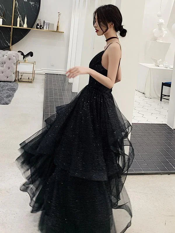 Glänzende schwarze Abendkleider mit V-Ausschnitt, rückenfreies schwarzes formelles Abendkleid mit V-Ausschnitt Y1148