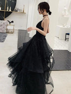 Glänzende schwarze Abendkleider mit V-Ausschnitt, rückenfreies schwarzes formelles Abendkleid mit V-Ausschnitt Y1148