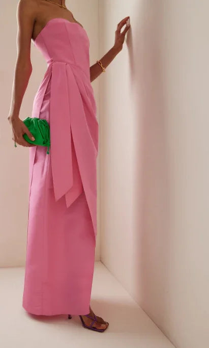 Vestido de Festa Elegante Cor-de-Rosa Comprido Sem Alças Y8406