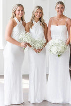 Vestido longo branco de dama de honor com decote halter e recorte nas costas BD120