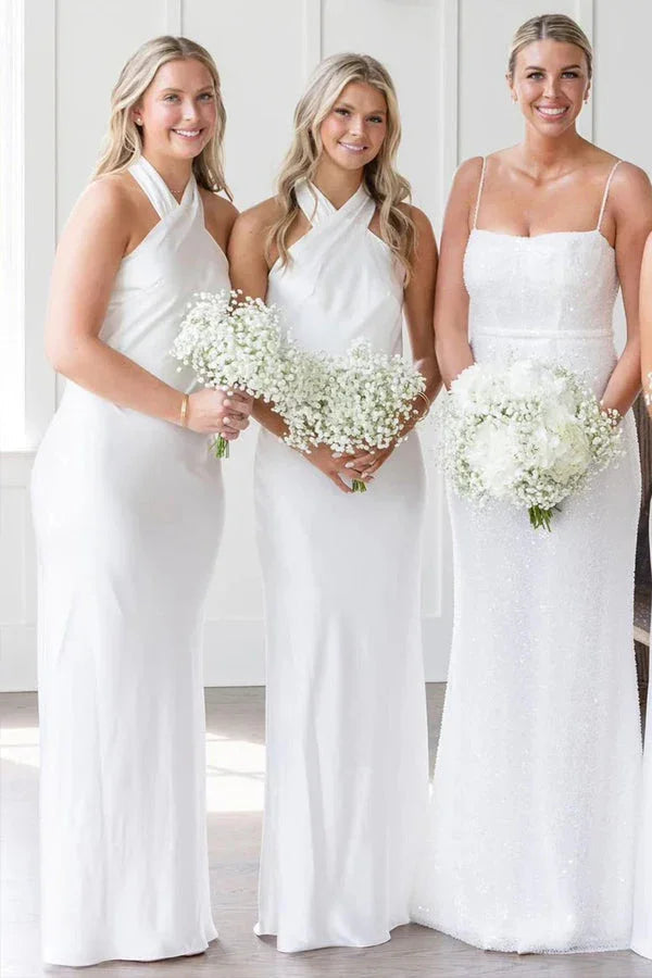 Vestido longo branco de dama de honor com decote halter e recorte nas costas BD120