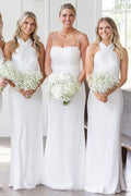 Vestido longo branco de dama de honor com decote halter e recorte nas costas BD120