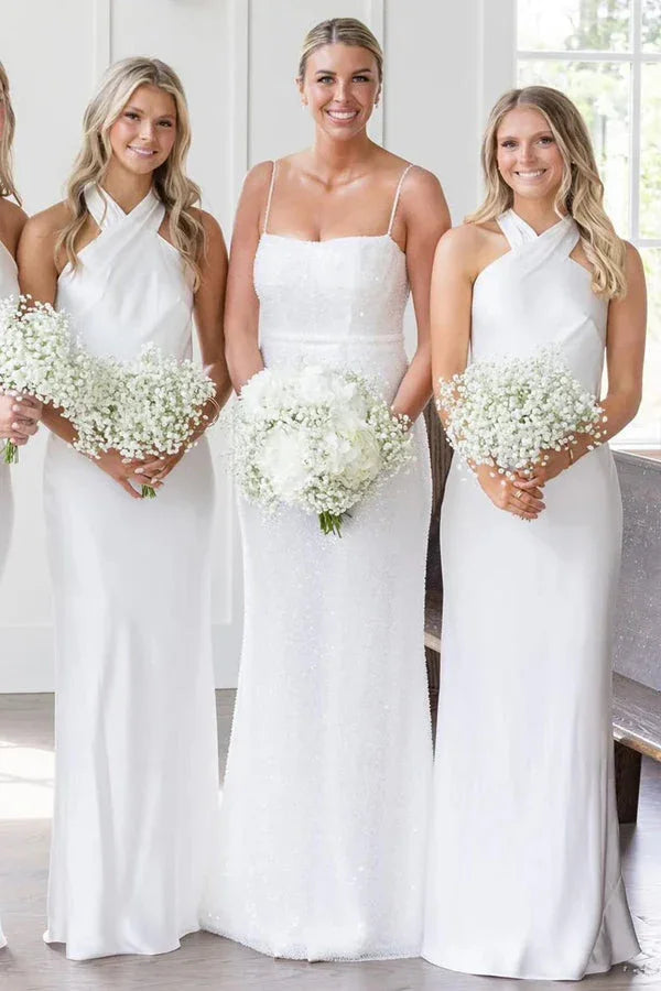 Vestido longo branco de dama de honor com decote halter e recorte nas costas BD120