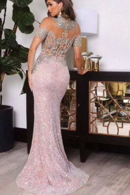 Vestido de fiesta sirena rosa de media manga con cuello alto y apliques