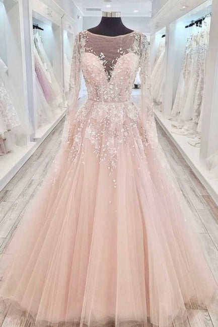 Vestido de novia elegante de cuello alto con encaje y mangas largas