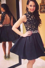 Black High Neck Backless Homecoming Dresses with Appliques