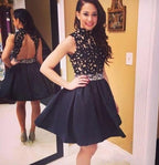 Black High Neck Backless Homecoming Dresses with Appliques
