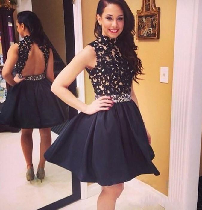 Black High Neck Backless Homecoming Dresses with Appliques