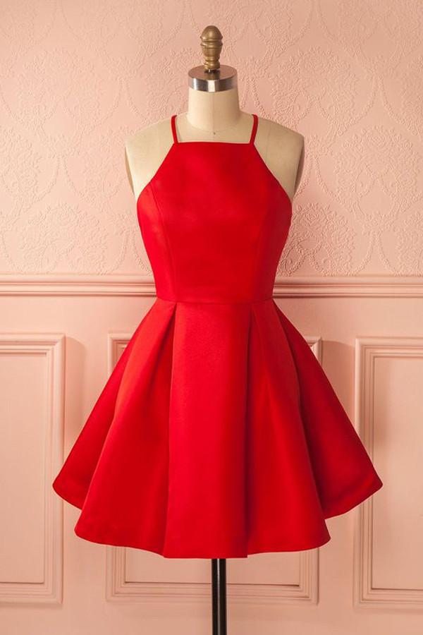 Schlichte rote A-Linien-Ballkleider mit kurzen Trägern, günstiges Homecoming-Kleid für Mädchen 