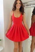 Simple Red Satin Open Back Homecoming Dresses, Short Prom Dresses