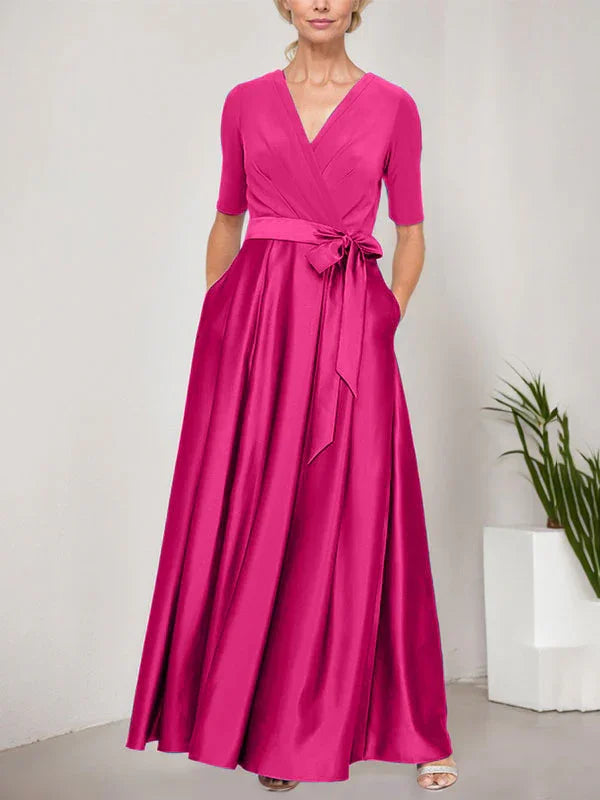 Vestido de baile con escote cruzado, falda completa de satén y cuerpo de jersey