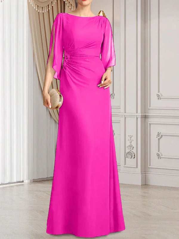 Sheath/Column Scoop Floor-Length Chiffon Mother of the Bride Dress With Pleated Beading
