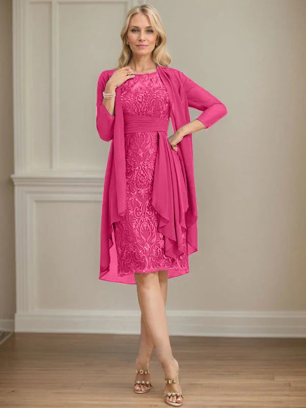 Etui/Säulenförmiges Kleid mit Illusion, knielang, aus Spitze und Chiffon, Brautmutterkleid mit herabfließenden Rüschen und Pailletten