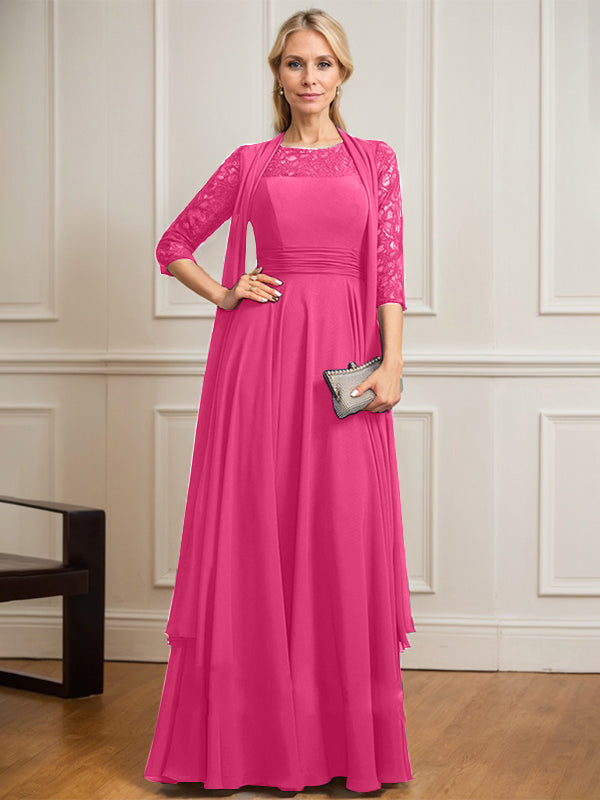 A-line Scoop Illusion Floor-Length Lace Chiffon Mother of the Bride Dress With Pleated