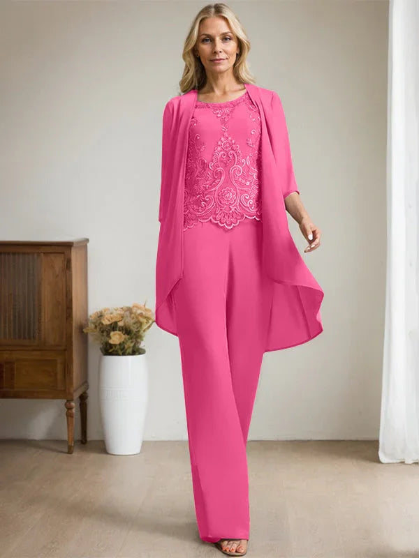 Getrennter Overall/Hosenanzug mit Rundhalsausschnitt, bodenlang, aus Chiffon und Spitze, Mutter-des-Brautkleides mit Perlen und Pailletten