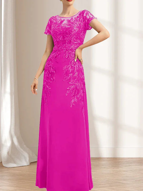 Vestido de madrina de novia con ilusión, corte columna y fajín, largo hasta el suelo, de encaje y gasa con lentejuelas
