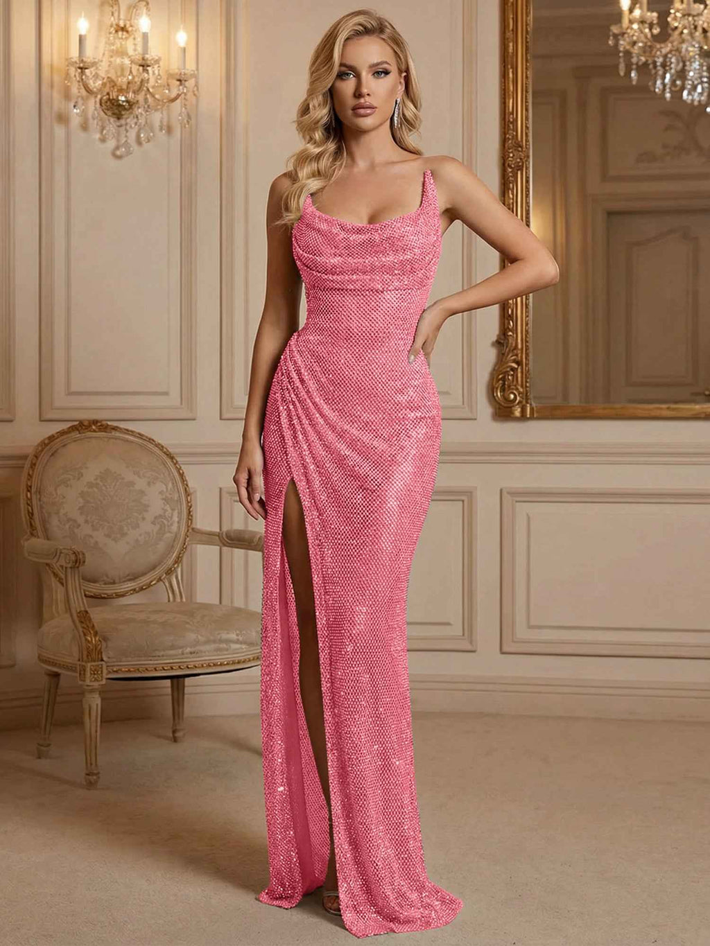 Silver Sequin Cowl Neck Ruched Long Prom Dress With High Slit