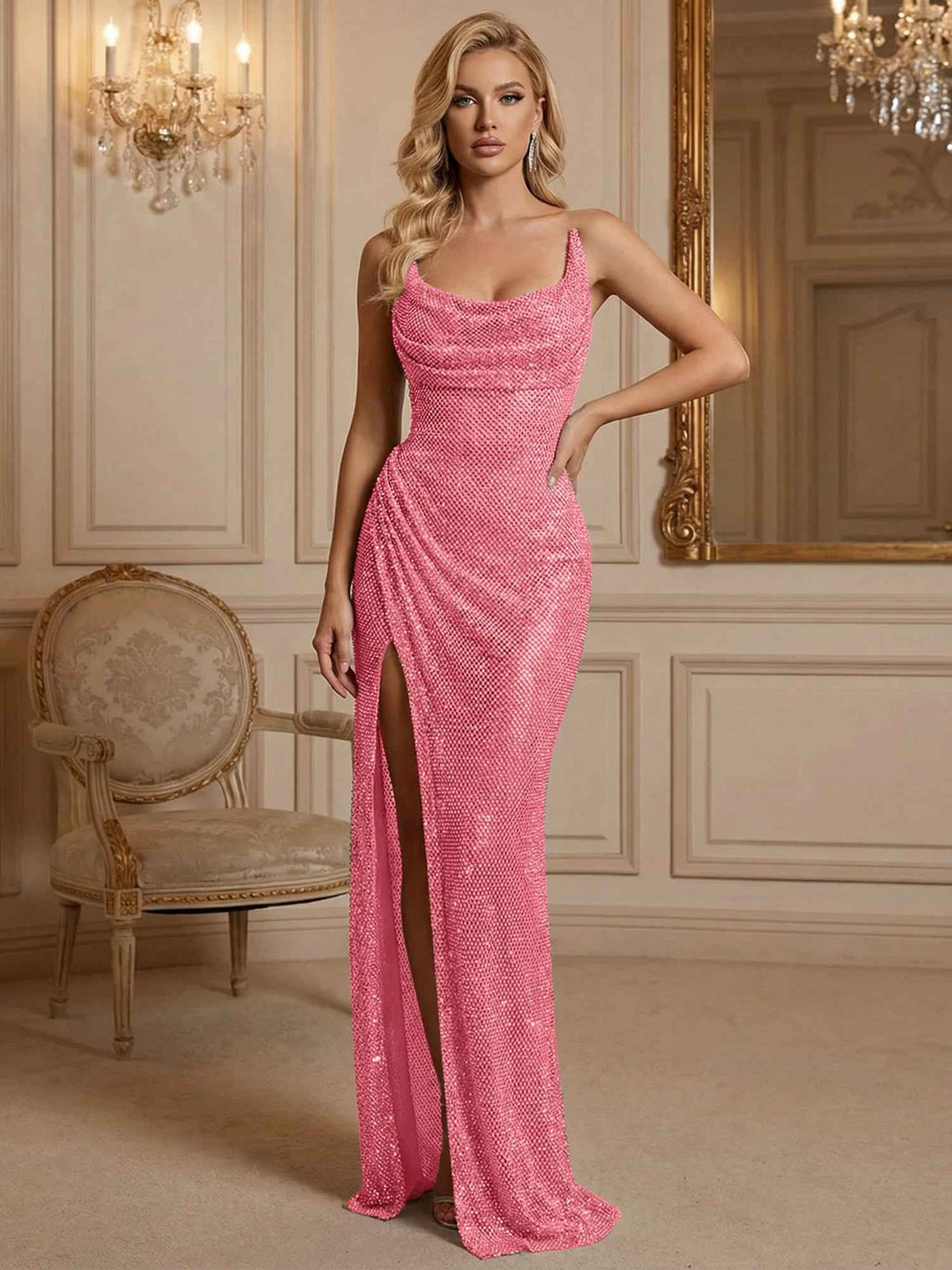 Silver Sequin Cowl Neck Ruched Long Prom Dress With High Slit