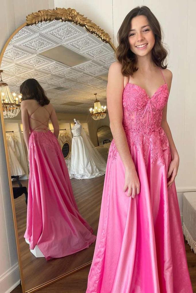 Hot Pink Floral Appliques Lace-Up A-Line Prom Evening Dress
