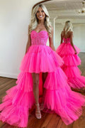 Vestido de Baile Cor-de-Rosa Vivo com Decote Coração e Saia em Camadas, Vestido de Noite