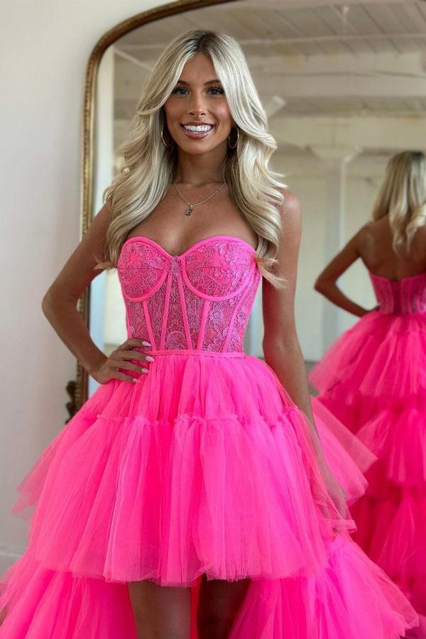 Vestido de Baile Cor-de-Rosa Vivo com Decote Coração e Saia em Camadas, Vestido de Noite