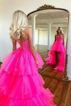 Vestido de Baile Cor-de-Rosa Vivo com Decote Coração e Saia em Camadas, Vestido de Noite
