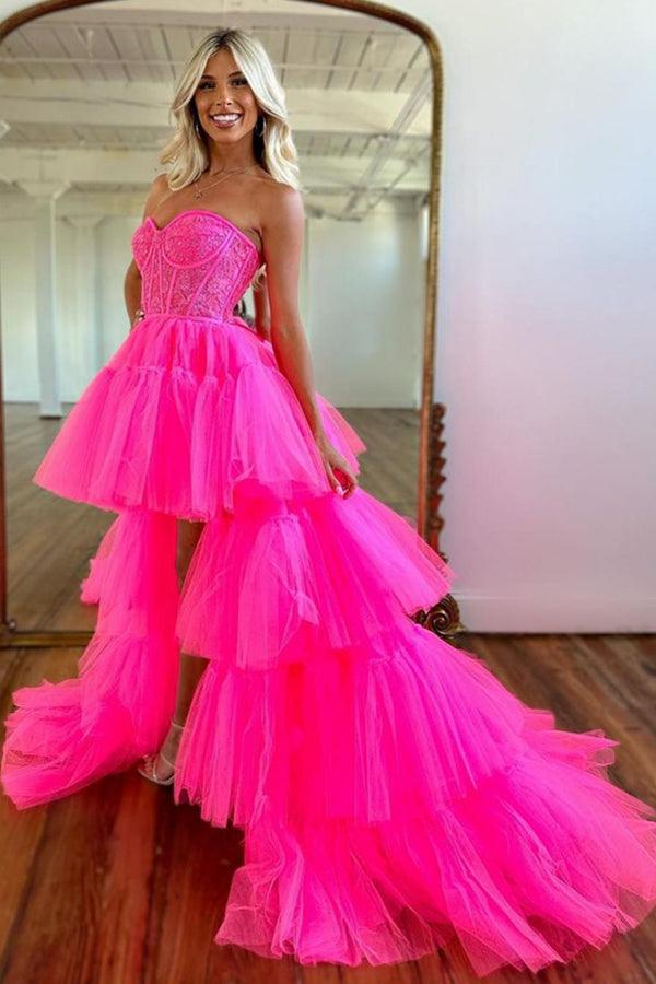 Vestido de Baile Cor-de-Rosa Vivo com Decote Coração e Saia em Camadas, Vestido de Noite