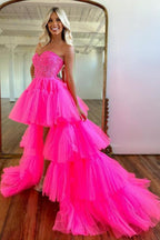 Vestido de Baile Cor-de-Rosa Vivo com Decote Coração e Saia em Camadas, Vestido de Noite