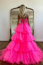 Vestido de Baile Cor-de-Rosa Vivo com Decote Coração e Saia em Camadas, Vestido de Noite