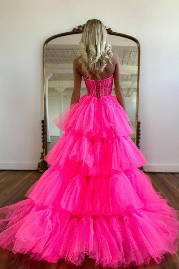 Vestido de Baile Cor-de-Rosa Vivo com Decote Coração e Saia em Camadas, Vestido de Noite