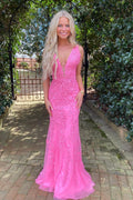 Hot Pink Mermaid Deep V-Neck Prom Dress With Appliques