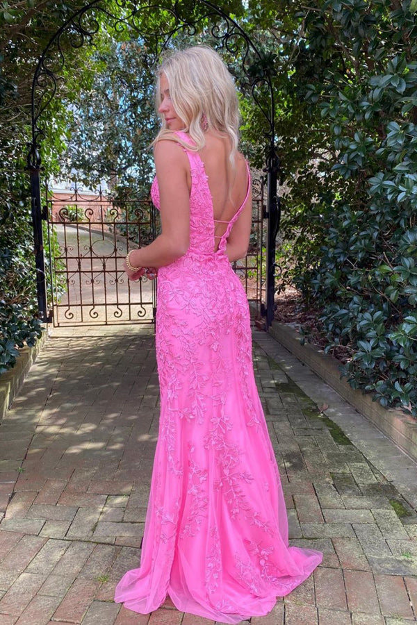 Hot Pink Mermaid Deep V-Neck Prom Dress With Appliques