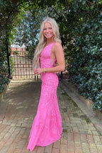 Hot Pink Mermaid Deep V-Neck Prom Dress With Appliques
