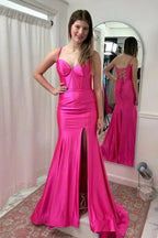 Vestido longo de cetim cor-de-rosa vivo com alças de sereia e racha PSK514